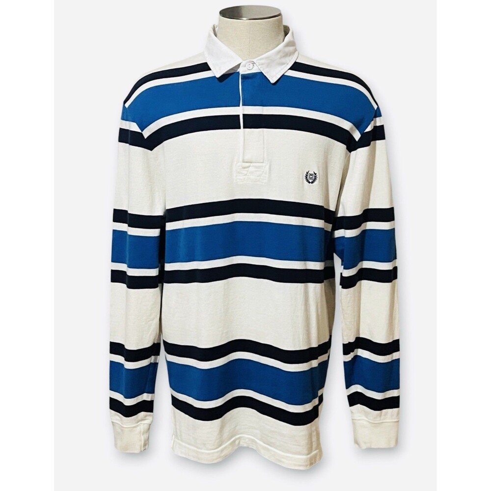 Chaps Ralph Lauren Rugby Shirt White Blue Stripe Crest Logo Men's L Preppy 90's